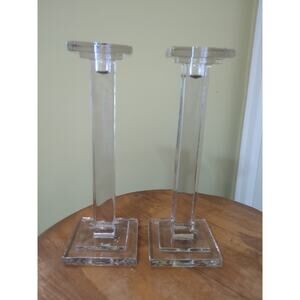 Fostoria Tall Crystal Column Candlesticks Art Deco Vintage 12" Pattern #19